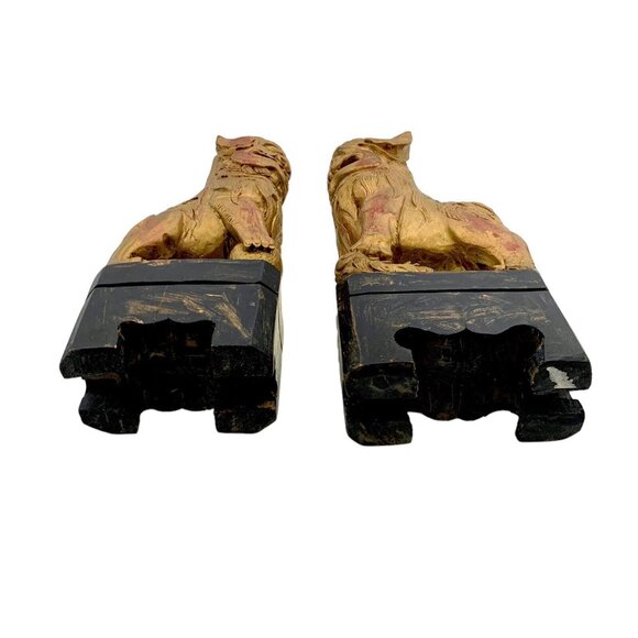 Foo Dog Figurine Pair Fu Lion Carved Wood Gold Gilt Asian Antique Oriental Decor - Picture 10 of 10
